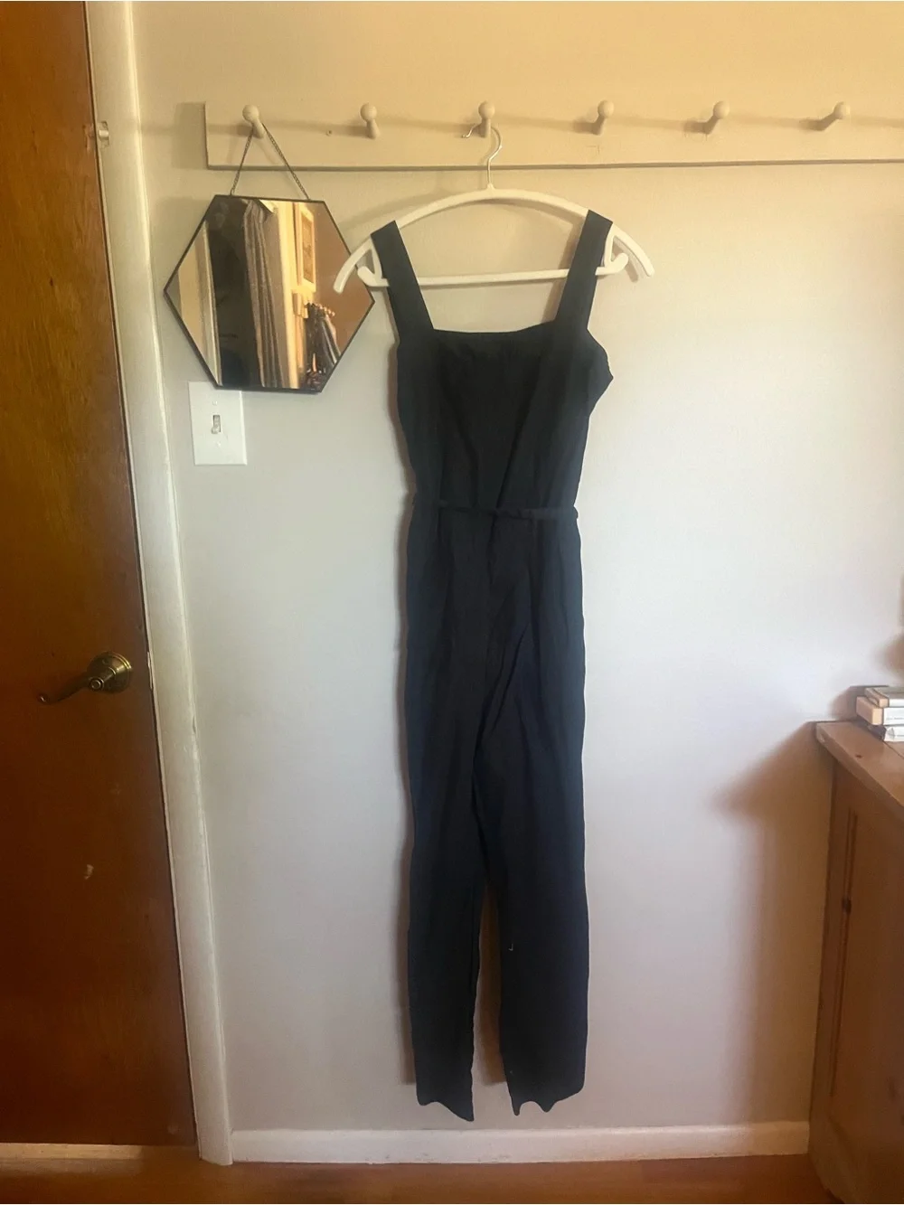 Quince Square Neck Sleeveless Black Linen Jumpsuit with Waist Tie - Picture 2 of 6